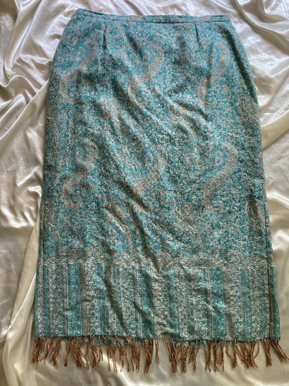Vintage y2k Blue Paisley Tapestry Fringe Beaded Maxi Skirt Boho Fairy Size 14